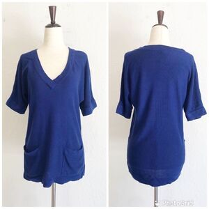 CHICOS V‎ Neck Sweater Top Short Sleeves Pockets Cotton Royal Blue Small Size 0